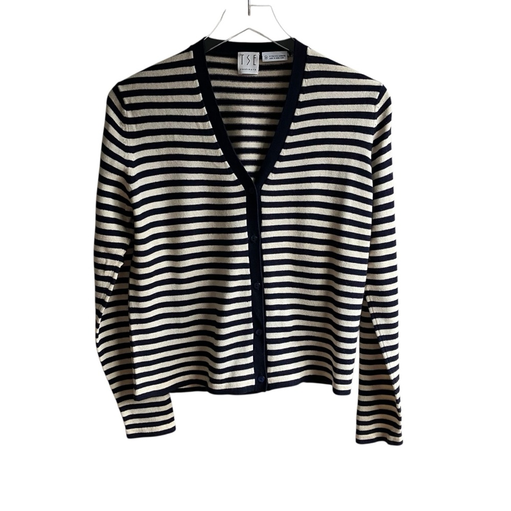 Vintage TSE Silk Cashmere Striped Cardigan Sweater Size M Navy Cream V-Neck Knit
